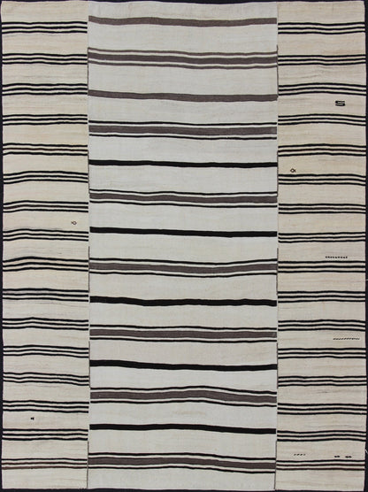 Vintage Large Kilim Turkish Rug With Vertical Stripes in Cream and Brown Stripes Keivan Woven Arts Flat - weave Kilim vintage rug from Turkey with stripes in brown, black and cream. Rug TU - NED - 2003 - 4, country of origin / type: Turkey / Kilim, circ... - Keivan Woven ArtsTU - NED - 2003 - 4 - 12869Rug