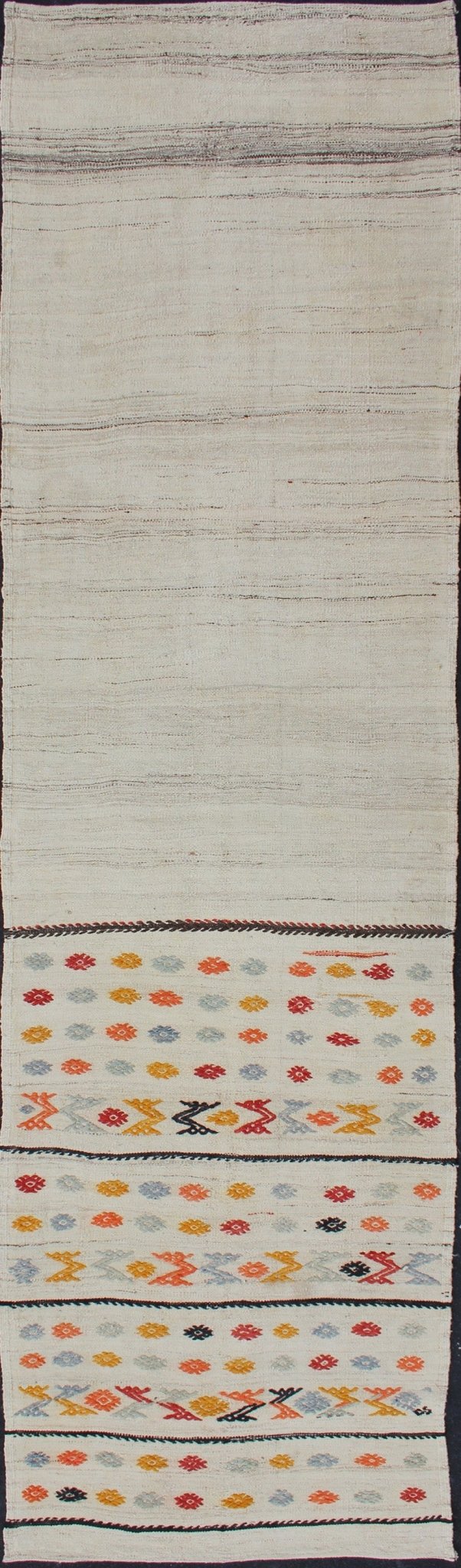 Vintage Turkish Kilim Runner with a Stripe and Modern Design on One End Vintage Turkish Kilim runner with a stripe and modern design, Minimalist stripe design Kilim runner from Turkey, rug TU - NED - 2003 - 6 , country of origin / type: Turkey / Kilim... - Keivan Woven ArtsTU - NED - 2003 - 6 - 12875Rug