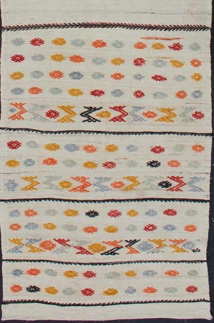 Vintage Turkish Kilim Runner with a Stripe and Modern Design on One End Vintage Turkish Kilim runner with a stripe and modern design, Minimalist stripe design Kilim runner from Turkey, rug TU - NED - 2003 - 6 , country of origin / type: Turkey / Kilim... - Keivan Woven ArtsTU - NED - 2003 - 6 - 12875Rug