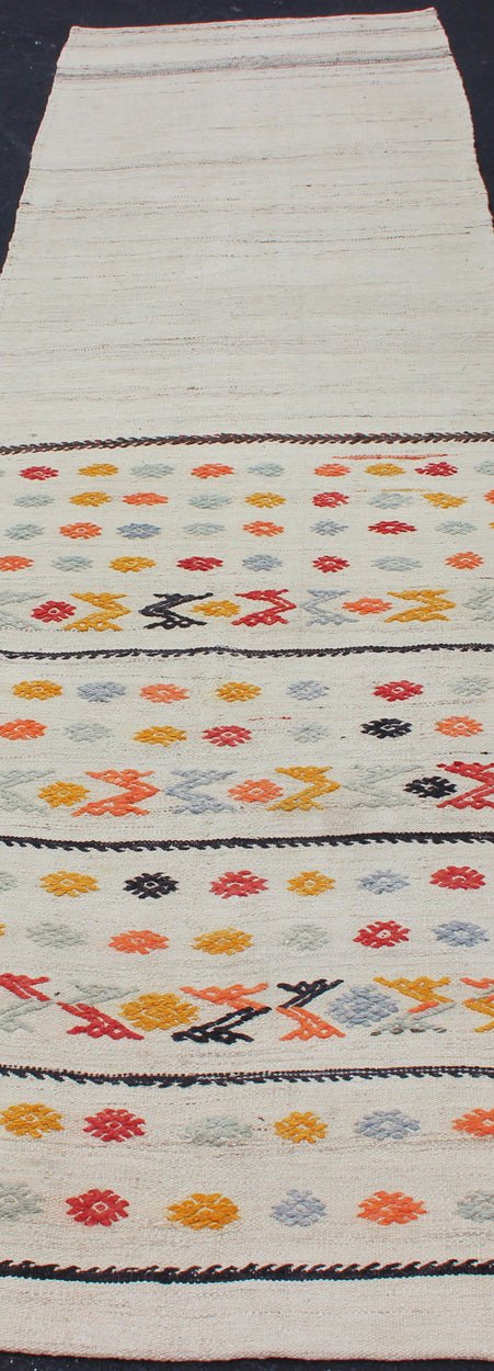 Vintage Turkish Kilim Runner with a Stripe and Modern Design on One End Vintage Turkish Kilim runner with a stripe and modern design, Minimalist stripe design Kilim runner from Turkey, rug TU - NED - 2003 - 6 , country of origin / type: Turkey / Kilim... - Keivan Woven ArtsTU - NED - 2003 - 6 - 12875Rug