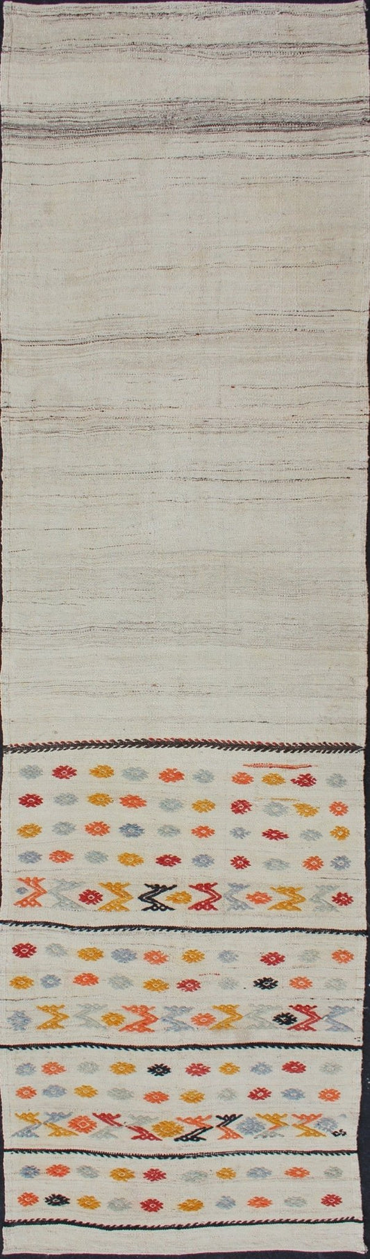 Vintage Turkish Kilim Runner with a Stripe and Modern Design on One End Vintage Turkish Kilim runner with a stripe and modern design, Minimalist stripe design Kilim runner from Turkey, rug TU - NED - 2003 - 6 , country of origin / type: Turkey / Kilim... - Keivan Woven ArtsTU - NED - 2003 - 6 - 12875