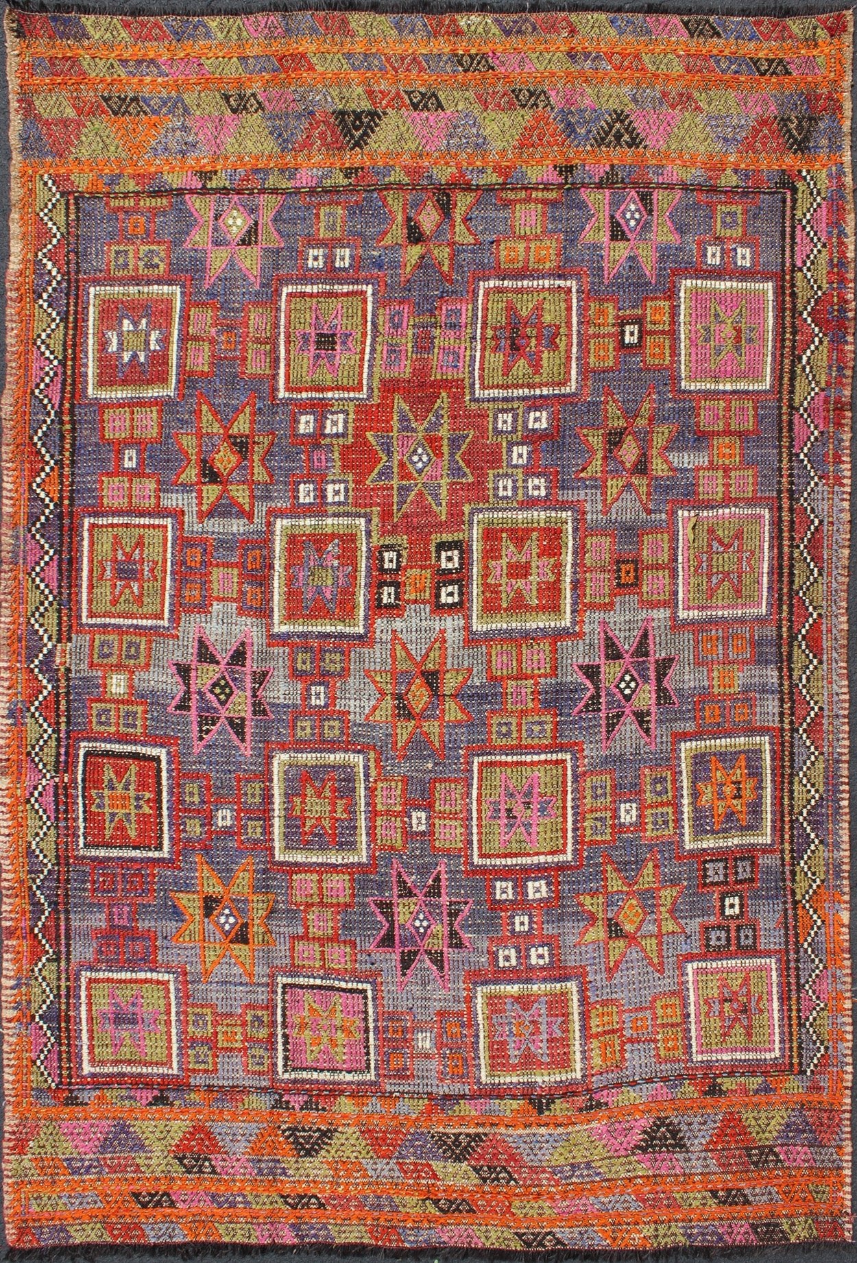 Vintage Embroidered Flat Weave Kilim Rug with Geometrics and Squared Design. Measures: 5'8 x 8'7. Rendered in star shapes with a spotted and speckled assortment of geometric elements, this unique Mid - Century Jajeem/Jijim/Kilim showcases an array ... - Keivan Woven ArtsTU - NED - 201 - 6398Rug
