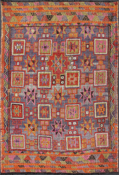 Vintage Embroidered Flat Weave Kilim Rug with Geometrics and Squared Design. Measures: 5'8 x 8'7. Rendered in star shapes with a spotted and speckled assortment of geometric elements, this unique Mid - Century Jajeem/Jijim/Kilim showcases an array ... - Keivan Woven ArtsTU - NED - 201 - 6398Rug