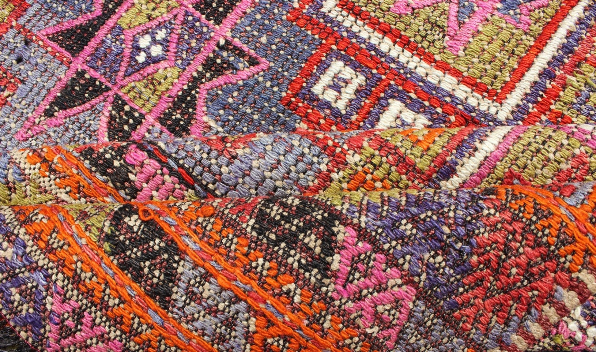 Vintage Embroidered Flat Weave Kilim Rug with Geometrics and Squared Design. Measures: 5'8 x 8'7. Rendered in star shapes with a spotted and speckled assortment of geometric elements, this unique Mid - Century Jajeem/Jijim/Kilim showcases an array ... - Keivan Woven ArtsTU - NED - 201 - 6398Rug