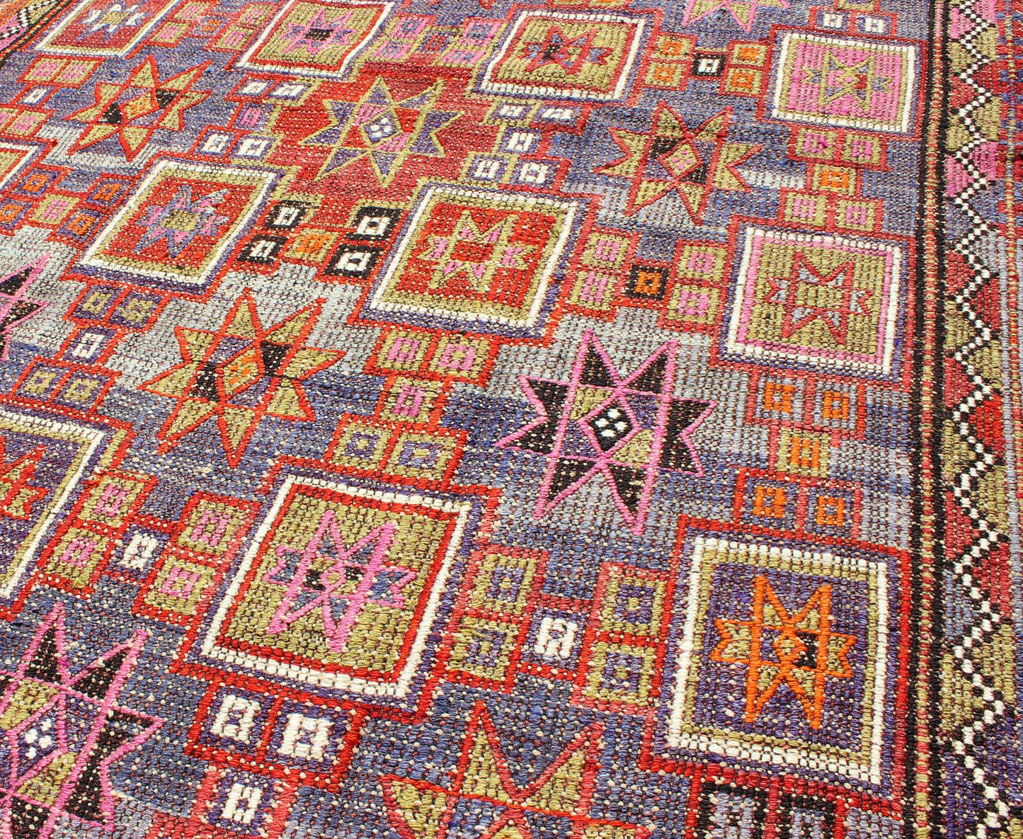 Vintage Embroidered Flat Weave Kilim Rug with Geometrics and Squared Design. Measures: 5'8 x 8'7. Rendered in star shapes with a spotted and speckled assortment of geometric elements, this unique Mid - Century Jajeem/Jijim/Kilim showcases an array ... - Keivan Woven ArtsTU - NED - 201 - 6398Rug