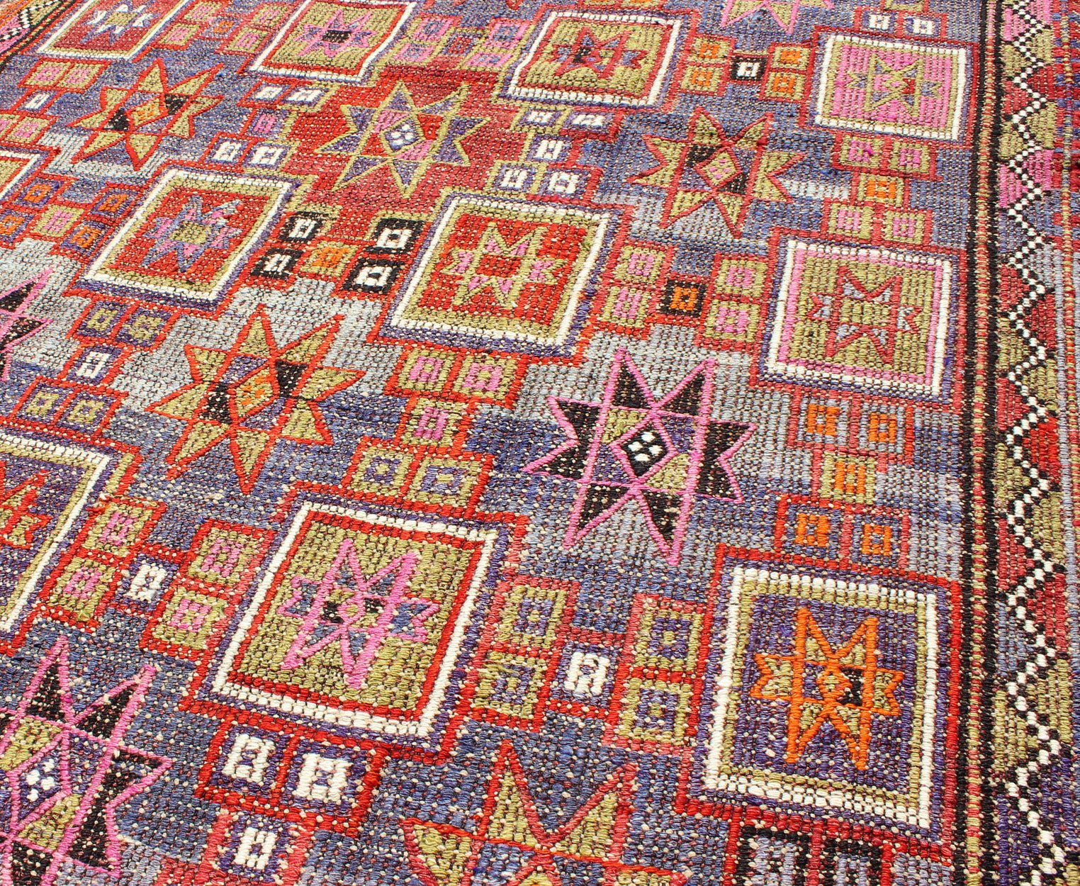 Vintage Embroidered Flat Weave Kilim Rug with Geometrics and Squared Design. Measures: 5'8 x 8'7. Rendered in star shapes with a spotted and speckled assortment of geometric elements, this unique Mid - Century Jajeem/Jijim/Kilim showcases an array ... - Keivan Woven ArtsTU - NED - 201 - 6398Rug