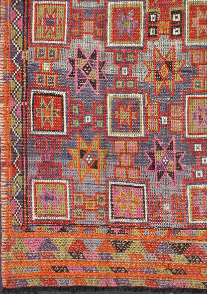 Vintage Embroidered Flat Weave Kilim Rug with Geometrics and Squared Design. Measures: 5'8 x 8'7. Rendered in star shapes with a spotted and speckled assortment of geometric elements, this unique Mid - Century Jajeem/Jijim/Kilim showcases an array ... - Keivan Woven ArtsTU - NED - 201 - 6398Rug