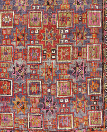 Vintage Embroidered Flat Weave Kilim Rug with Geometrics and Squared Design. Measures: 5'8 x 8'7. Rendered in star shapes with a spotted and speckled assortment of geometric elements, this unique Mid - Century Jajeem/Jijim/Kilim showcases an array ... - Keivan Woven ArtsTU - NED - 201 - 6398Rug