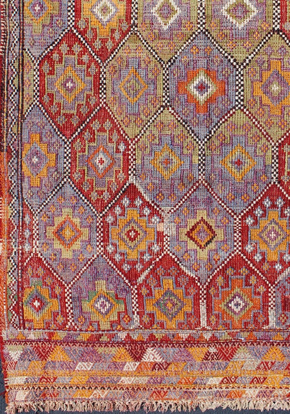 Vintage Embroidered Flat Weave Jajeem Kilim Rug With Geometric Diamond Design. Vintage Embroidered Flat Weave Jajeem Rug with Geometric Diamond Design, Keivan Woven Arts/ rug/TU - NED - 204, country of origin / type: Turkey / Kilim, circa mid - 20th ... - Keivan Woven ArtsTU - NED - 204 - 6404Rug