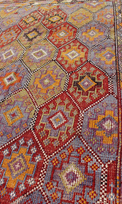 Vintage Embroidered Flat Weave Jajeem Kilim Rug With Geometric Diamond Design. Vintage Embroidered Flat Weave Jajeem Rug with Geometric Diamond Design, Keivan Woven Arts/ rug/TU - NED - 204, country of origin / type: Turkey / Kilim, circa mid - 20th ... - Keivan Woven ArtsTU - NED - 204 - 6404Rug
