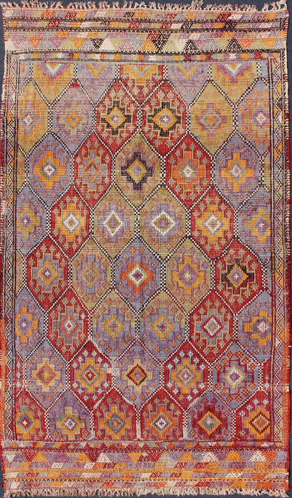Vintage Embroidered Flat Weave Jajeem Kilim Rug With Geometric Diamond Design. Vintage Embroidered Flat Weave Jajeem Rug with Geometric Diamond Design, Keivan Woven Arts/ rug/TU - NED - 204, country of origin / type: Turkey / Kilim, circa mid - 20th ... - Keivan Woven ArtsTU - NED - 204 - 6404Rug