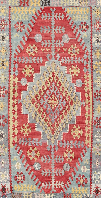 Vintage Turkish Kilim flat - weave rug with geometric design in red, yellow, green, rug tu - ned - 22, country of origin / type: Turkey / Oushak, circa 1950 Geometric elements take center stage in this uniquely designed vintage Kilim. Like this partic... - Keivan Woven ArtsTU - NED - 22 - 3074Rug