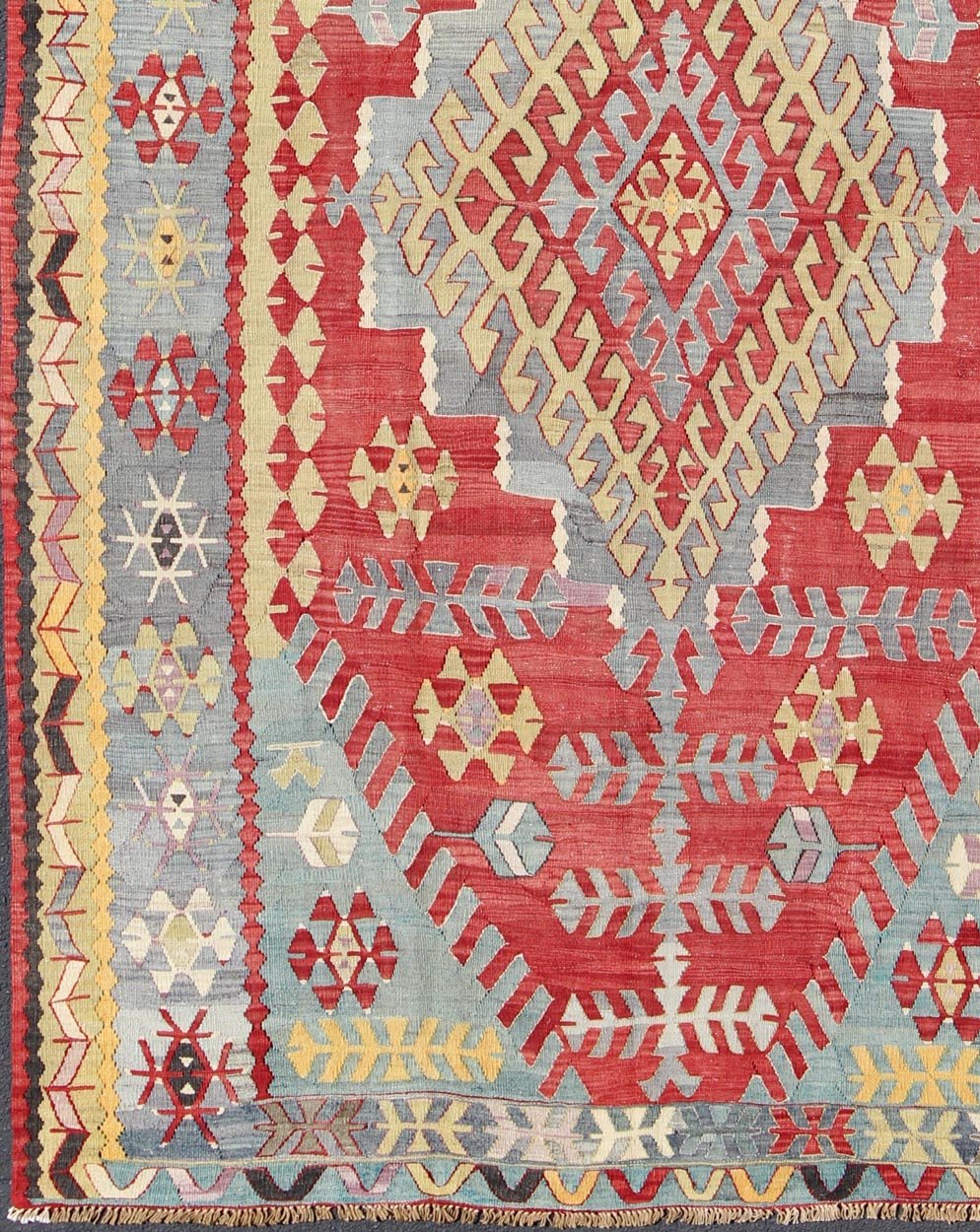 Vintage Turkish Kilim flat - weave rug with geometric design in red, yellow, green, rug tu - ned - 22, country of origin / type: Turkey / Oushak, circa 1950 Geometric elements take center stage in this uniquely designed vintage Kilim. Like this partic... - Keivan Woven ArtsTU - NED - 22 - 3074Rug