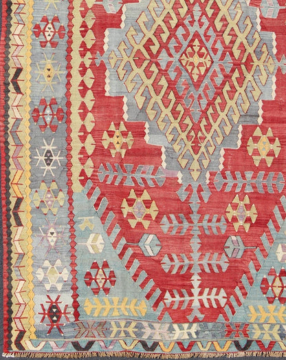 Vintage Turkish Kilim flat - weave rug with geometric design in red, yellow, green, rug tu - ned - 22, country of origin / type: Turkey / Oushak, circa 1950 Geometric elements take center stage in this uniquely designed vintage Kilim. Like this partic... - Keivan Woven ArtsTU - NED - 22 - 3074Rug