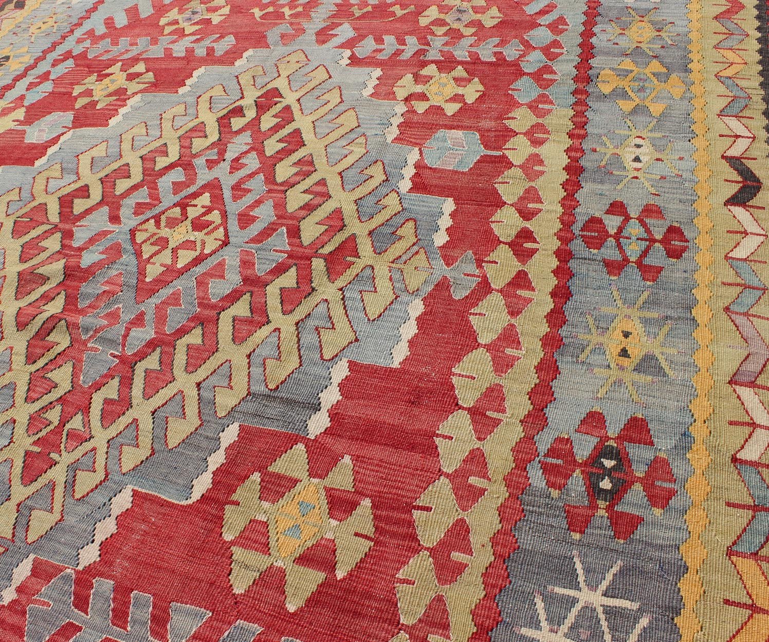 Vintage Turkish Kilim flat - weave rug with geometric design in red, yellow, green, rug tu - ned - 22, country of origin / type: Turkey / Oushak, circa 1950 Geometric elements take center stage in this uniquely designed vintage Kilim. Like this partic... - Keivan Woven ArtsTU - NED - 22 - 3074Rug