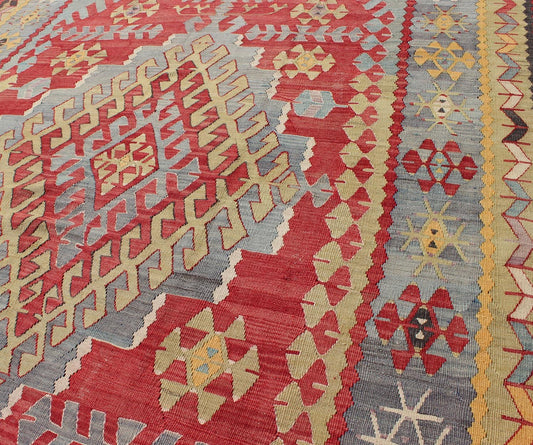 Vintage Turkish Kilim flat - weave rug with geometric design in red, yellow, green, rug tu - ned - 22, country of origin / type: Turkey / Oushak, circa 1950 Geometric elements take center stage in this uniquely designed vintage Kilim. Like this partic... - Keivan Woven ArtsTU - NED - 22 - 3074Rug
