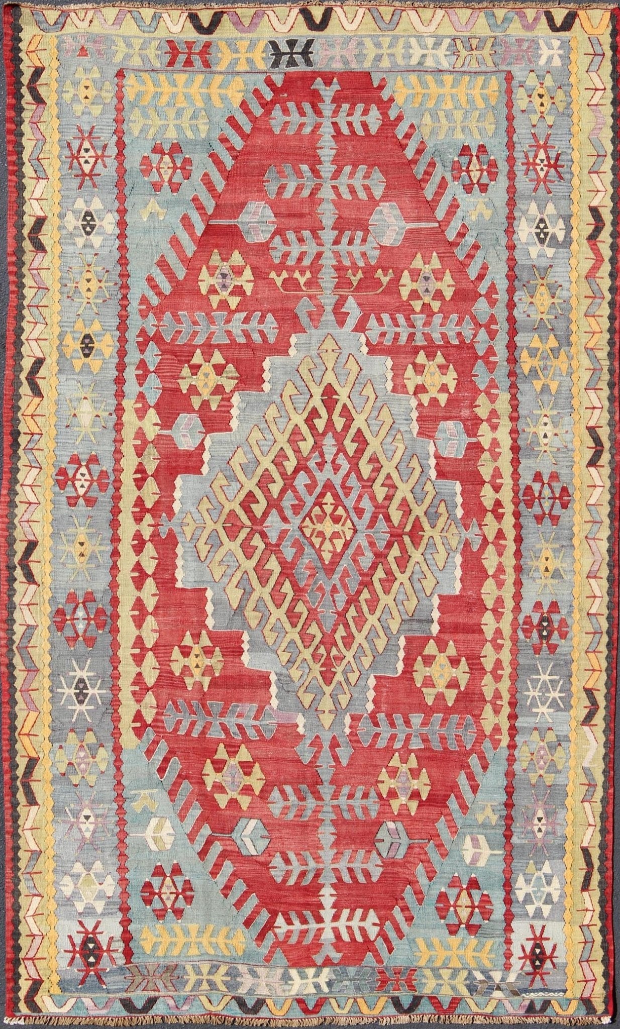 Vintage Turkish Kilim flat - weave rug with geometric design in red, yellow, green, rug tu - ned - 22, country of origin / type: Turkey / Oushak, circa 1950 Geometric elements take center stage in this uniquely designed vintage Kilim. Like this partic... - Keivan Woven ArtsTU - NED - 22 - 3074Rug
