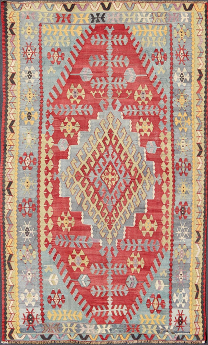 Vintage Turkish Kilim flat - weave rug with geometric design in red, yellow, green, rug tu - ned - 22, country of origin / type: Turkey / Oushak, circa 1950 Geometric elements take center stage in this uniquely designed vintage Kilim. Like this partic... - Keivan Woven ArtsTU - NED - 22 - 3074Rug