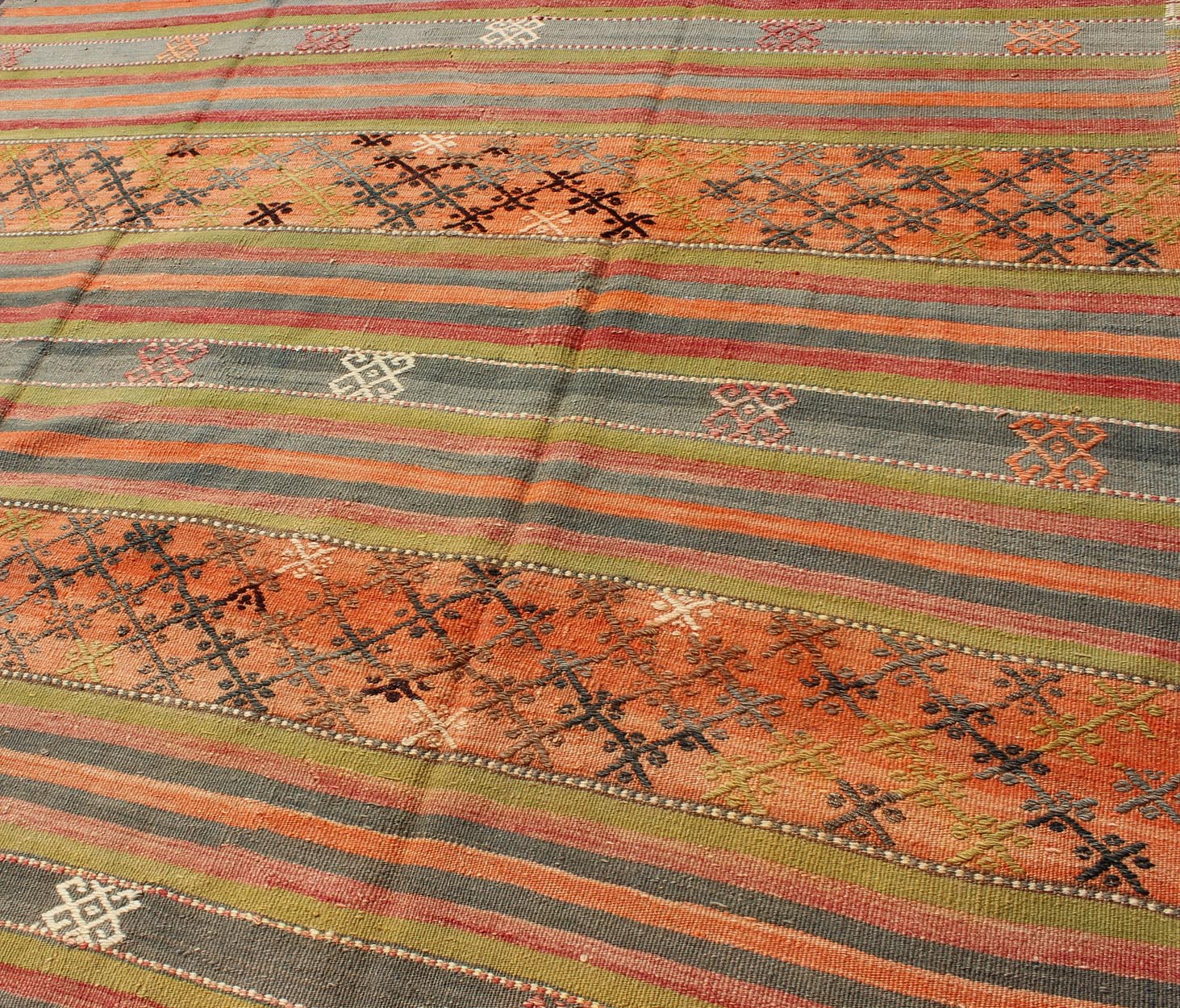 Geometric stripe design Kilim runner in multi - colors, rug tu - ned - 25, country of origin / type: Turkey / Kilim, circa 1950 This vintage Kilim runner displays an array of designs, including a striped pattern and small geometric prints. The designs... - Keivan Woven ArtsTU - NED - 25 - 10458Rug