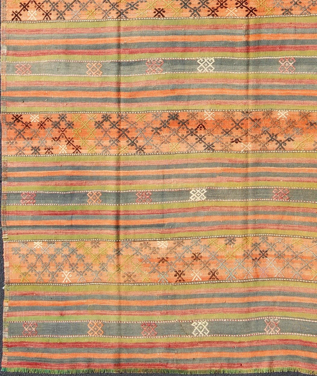 Geometric stripe design Kilim runner in multi - colors, rug tu - ned - 25, country of origin / type: Turkey / Kilim, circa 1950 This vintage Kilim runner displays an array of designs, including a striped pattern and small geometric prints. The designs... - Keivan Woven ArtsTU - NED - 25 - 10458Rug
