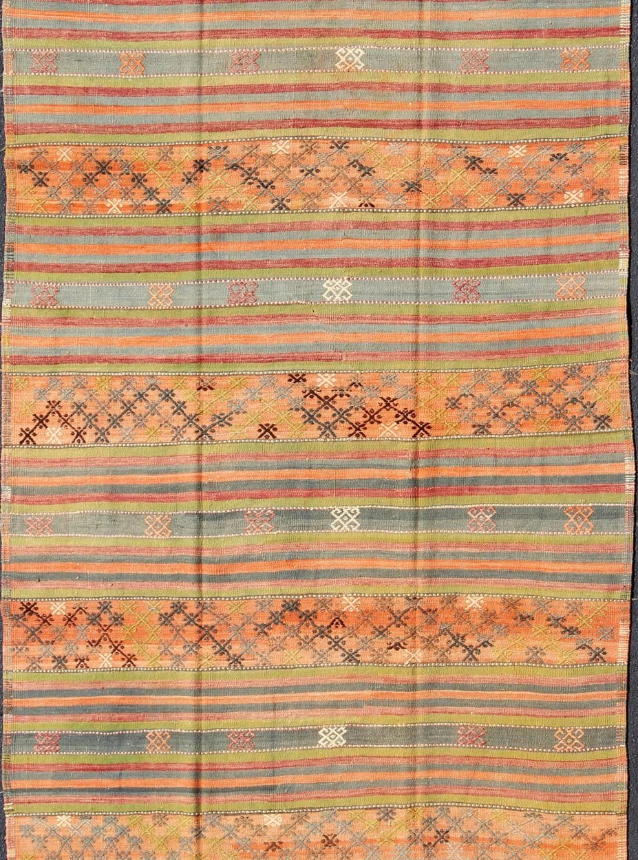 Geometric stripe design Kilim runner in multi - colors, rug tu - ned - 25, country of origin / type: Turkey / Kilim, circa 1950 This vintage Kilim runner displays an array of designs, including a striped pattern and small geometric prints. The designs... - Keivan Woven ArtsTU - NED - 25 - 10458Rug