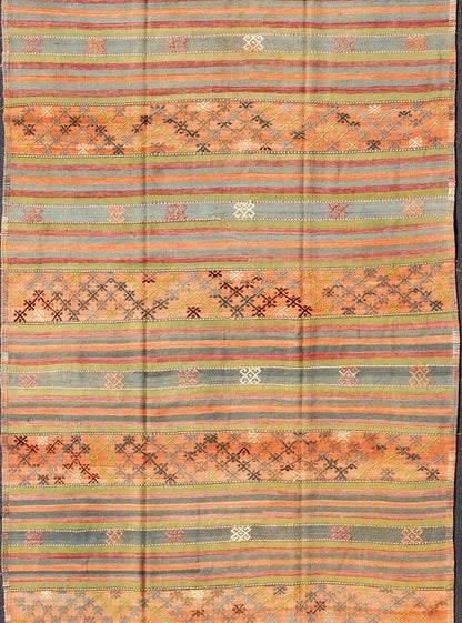 Geometric stripe design Kilim runner in multi - colors, rug tu - ned - 25, country of origin / type: Turkey / Kilim, circa 1950 This vintage Kilim runner displays an array of designs, including a striped pattern and small geometric prints. The designs... - Keivan Woven ArtsTU - NED - 25 - 10458Rug