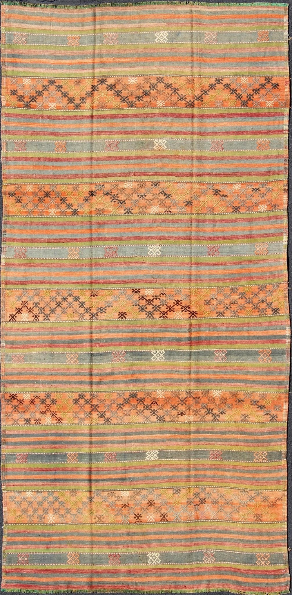 Geometric stripe design Kilim runner in multi - colors, rug tu - ned - 25, country of origin / type: Turkey / Kilim, circa 1950 This vintage Kilim runner displays an array of designs, including a striped pattern and small geometric prints. The designs... - Keivan Woven ArtsTU - NED - 25 - 10458Rug