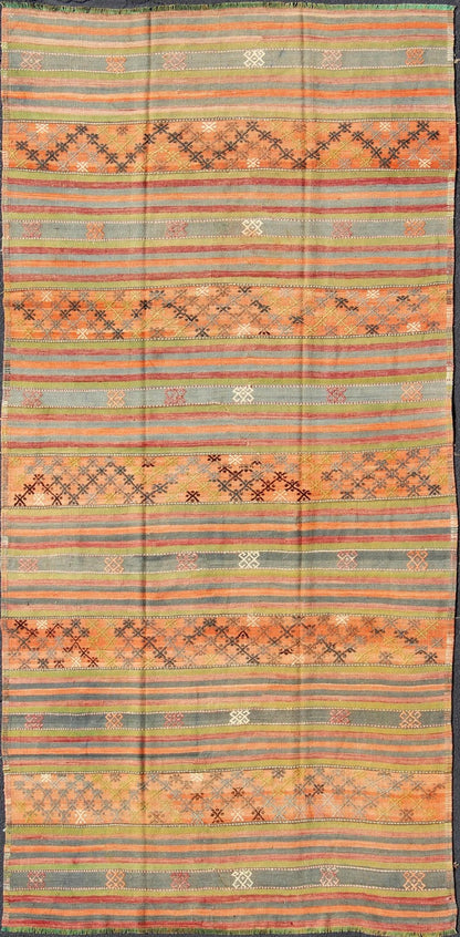 Geometric stripe design Kilim runner in multi - colors, rug tu - ned - 25, country of origin / type: Turkey / Kilim, circa 1950 This vintage Kilim runner displays an array of designs, including a striped pattern and small geometric prints. The designs... - Keivan Woven ArtsTU - NED - 25 - 10458Rug