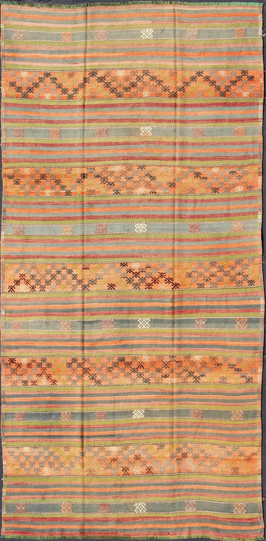Geometric stripe design Kilim runner in multi - colors, rug tu - ned - 25, country of origin / type: Turkey / Kilim, circa 1950 This vintage Kilim runner displays an array of designs, including a striped pattern and small geometric prints. The designs... - Keivan Woven ArtsTU - NED - 25 - 10458Rug