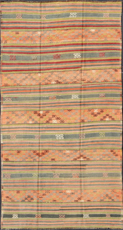 Vintage Turkish Kilim rug with geometric shapes and colorful stripes, rug ned - 28, country of origin / type: turkey / Kilim, circa mid - 20th century Featuring geometric shapes rendered in a repeating horizontal stripe design, this unique Mid - Centu... - Keivan Woven ArtsTU - NED - 28 - 3078Rug