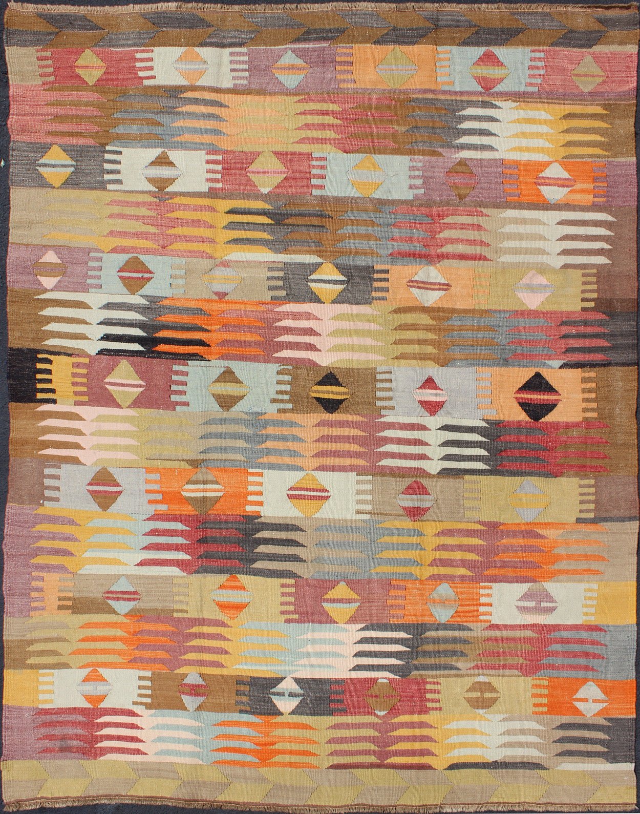 Colorful Vintage Turkish Kilim with All - Over Latching Design & Geometric Shapes. Vintage Turkish Kilim rug with all - over geometric shapes, Keivan Woven Arts, rug # TU - NED - 29, country of origin / type: Turkey / Kilim, circa mid - 20th century ... - Keivan Woven ArtsTU - NED - 29 - 3094Rug