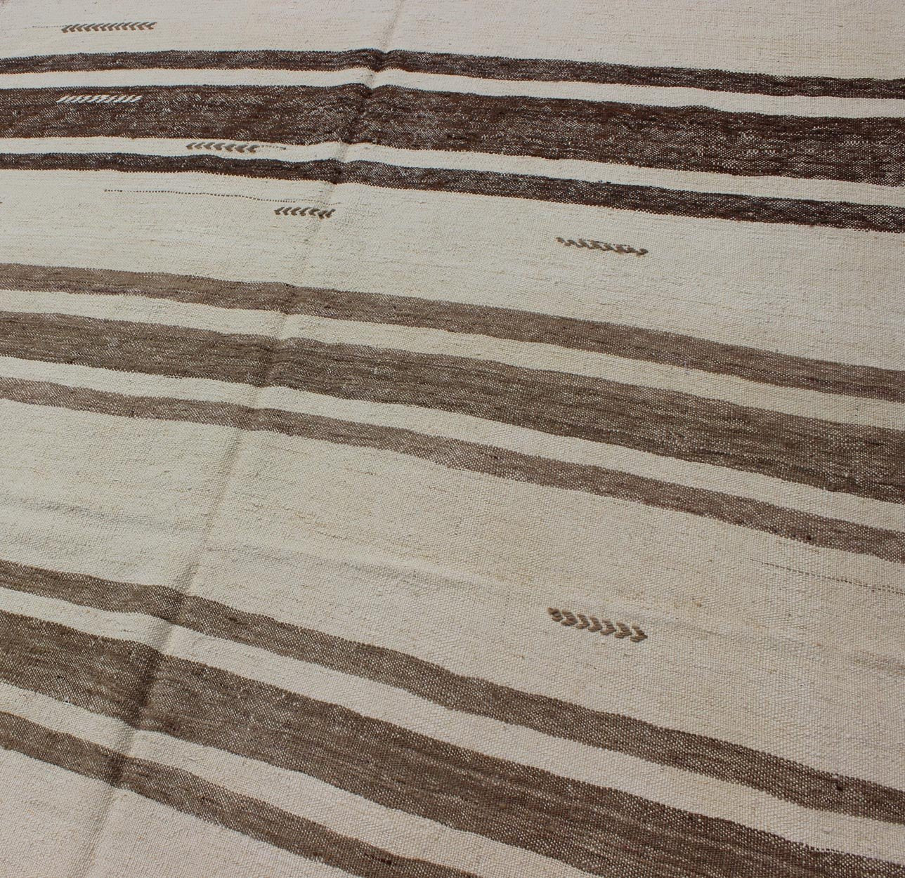 Turkish Vintage Kilim Flat - Weave Rug in Brown and Cream With Stripe Design. Turkish Vintage Kilim Flat - Weave small gallery rug in Brown and Cream with Stripe Design, with Minimalist design and stripes, rug TU - NED - 33, country of origin / type: Turke... - Keivan Woven ArtsTU - NED - 33 - 3082Rug