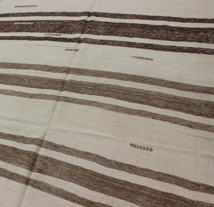 Turkish Vintage Kilim Flat - Weave Rug in Brown and Cream With Stripe Design. Turkish Vintage Kilim Flat - Weave small gallery rug in Brown and Cream with Stripe Design, with Minimalist design and stripes, rug TU - NED - 33, country of origin / type: Turke... - Keivan Woven ArtsTU - NED - 33 - 3082Rug