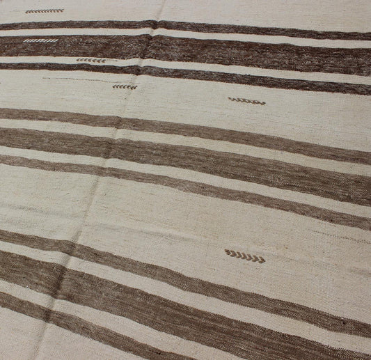 Turkish Vintage Kilim Flat - Weave Rug in Brown and Cream With Stripe Design. Turkish Vintage Kilim Flat - Weave small gallery rug in Brown and Cream with Stripe Design, with Minimalist design and stripes, rug TU - NED - 33, country of origin / type: Turke... - Keivan Woven ArtsTU - NED - 33 - 3082Rug