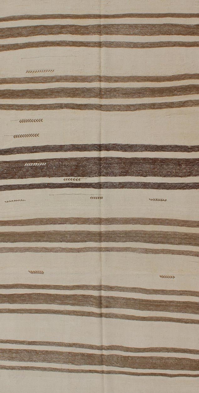 Turkish Vintage Kilim Flat - Weave Rug in Brown and Cream With Stripe Design. Turkish Vintage Kilim Flat - Weave small gallery rug in Brown and Cream with Stripe Design, with Minimalist design and stripes, rug TU - NED - 33, country of origin / type: Turke... - Keivan Woven ArtsTU - NED - 33 - 3082Rug