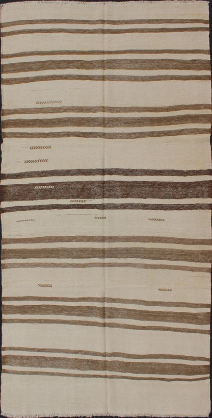 Turkish Vintage Kilim Flat - Weave Rug in Brown and Cream With Stripe Design. Turkish Vintage Kilim Flat - Weave small gallery rug in Brown and Cream with Stripe Design, with Minimalist design and stripes, rug TU - NED - 33, country of origin / type: Turke... - Keivan Woven ArtsTU - NED - 33 - 3082Rug