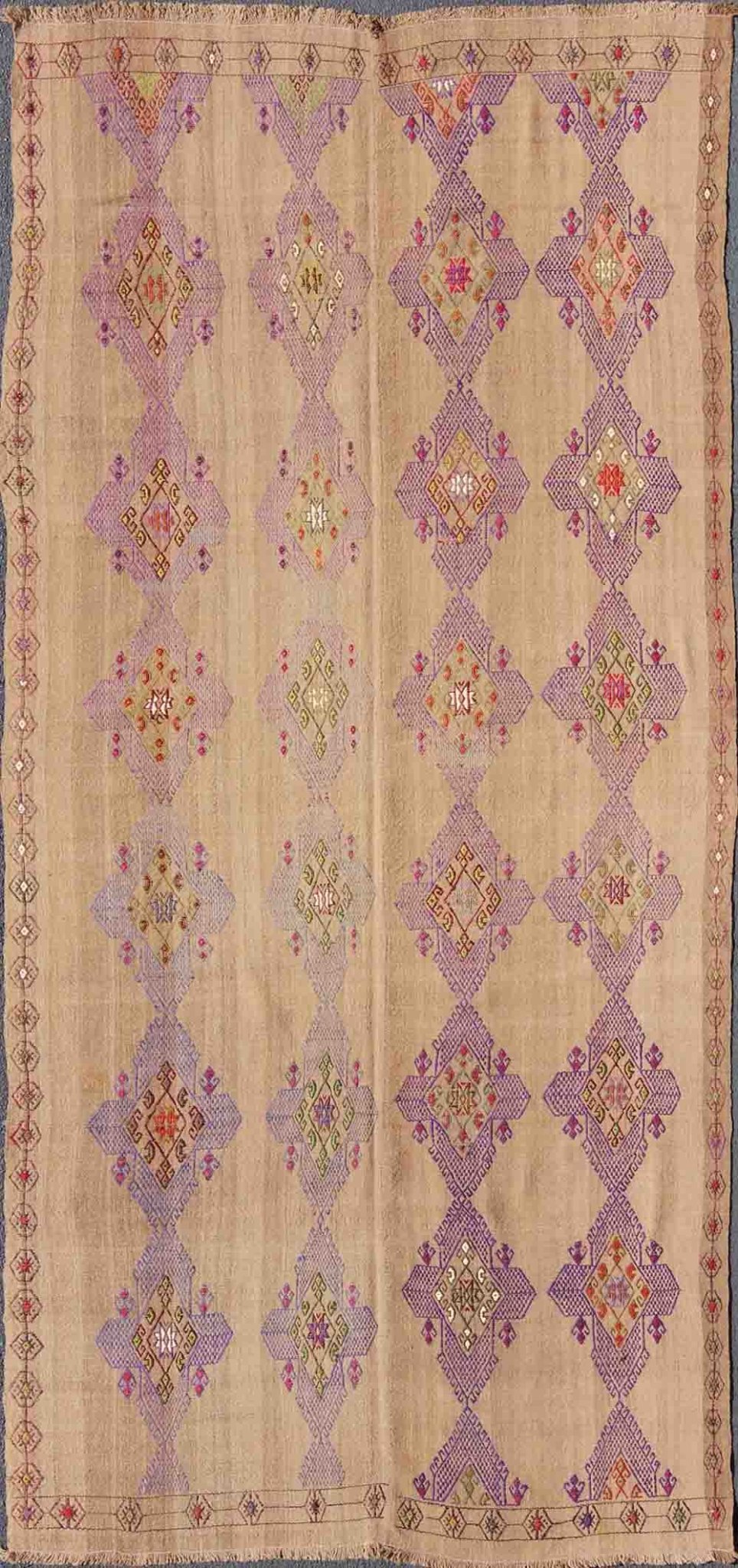 Unique Kilim carpet with embroidered purple diamonds and simple star border Diamonds and stars from Turkey Kilim gallery rug, Keivan Woven Arts / tu - ned - 34, country of origin / type: Turkey / Kilim, circa 1950 Made of two joining panels, ... - Keivan Woven ArtsTU - NED - 34 - 3086Rug