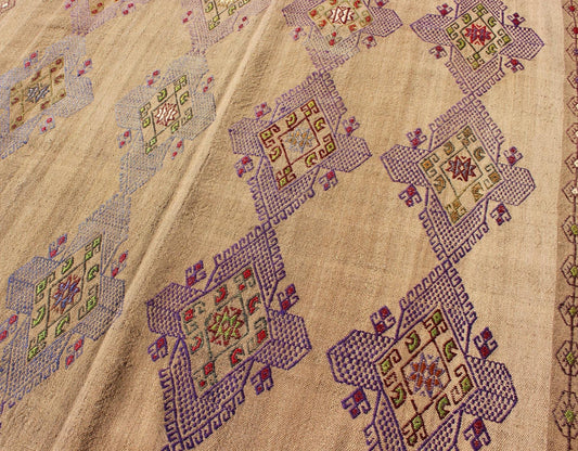Unique Kilim carpet with embroidered purple diamonds and simple star border Diamonds and stars from Turkey Kilim gallery rug, Keivan Woven Arts / tu - ned - 34, country of origin / type: Turkey / Kilim, circa 1950 Made of two joining panels, ... - Keivan Woven ArtsTU - NED - 34 - 3086Rug