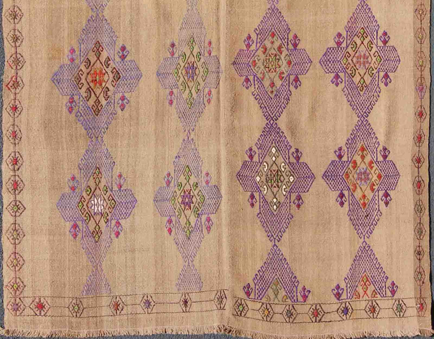 Unique Kilim carpet with embroidered purple diamonds and simple star border Diamonds and stars from Turkey Kilim gallery rug, Keivan Woven Arts / tu - ned - 34, country of origin / type: Turkey / Kilim, circa 1950 Made of two joining panels, ... - Keivan Woven ArtsTU - NED - 34 - 3086Rug