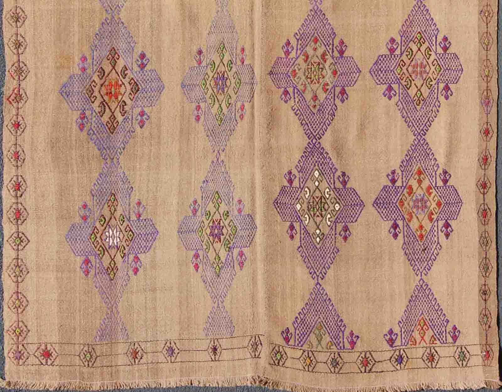 Unique Kilim carpet with embroidered purple diamonds and simple star border Diamonds and stars from Turkey Kilim gallery rug, Keivan Woven Arts / tu - ned - 34, country of origin / type: Turkey / Kilim, circa 1950 Made of two joining panels, ... - Keivan Woven ArtsTU - NED - 34 - 3086Rug