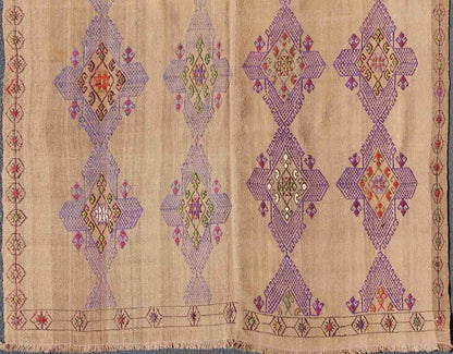Unique Kilim carpet with embroidered purple diamonds and simple star border Diamonds and stars from Turkey Kilim gallery rug, Keivan Woven Arts / tu - ned - 34, country of origin / type: Turkey / Kilim, circa 1950 Made of two joining panels, ... - Keivan Woven ArtsTU - NED - 34 - 3086Rug