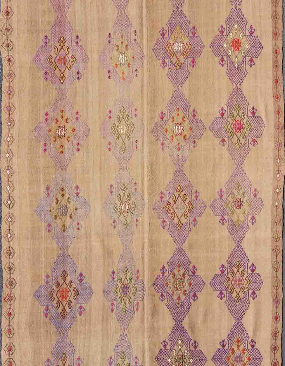 Unique Kilim carpet with embroidered purple diamonds and simple star border Diamonds and stars from Turkey Kilim gallery rug, Keivan Woven Arts / tu - ned - 34, country of origin / type: Turkey / Kilim, circa 1950 Made of two joining panels, ... - Keivan Woven ArtsTU - NED - 34 - 3086Rug