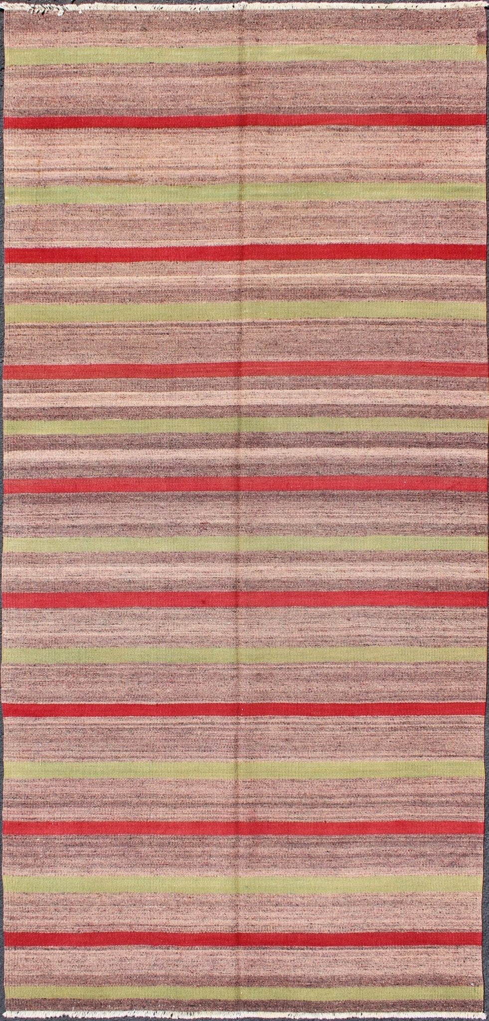 Vintage Turkish Striped Kilim Carpet with Light Green and Red Stripes Turkish Kilim Vintage Carpet in Red and Green Stripes rug/tu - ned - 37, origin/turkey This vintage Kilim carpet from Mid - Century Turkey features a stripe pattern set a... - Keivan Woven ArtsTU - NED - 37 - 3090Rug