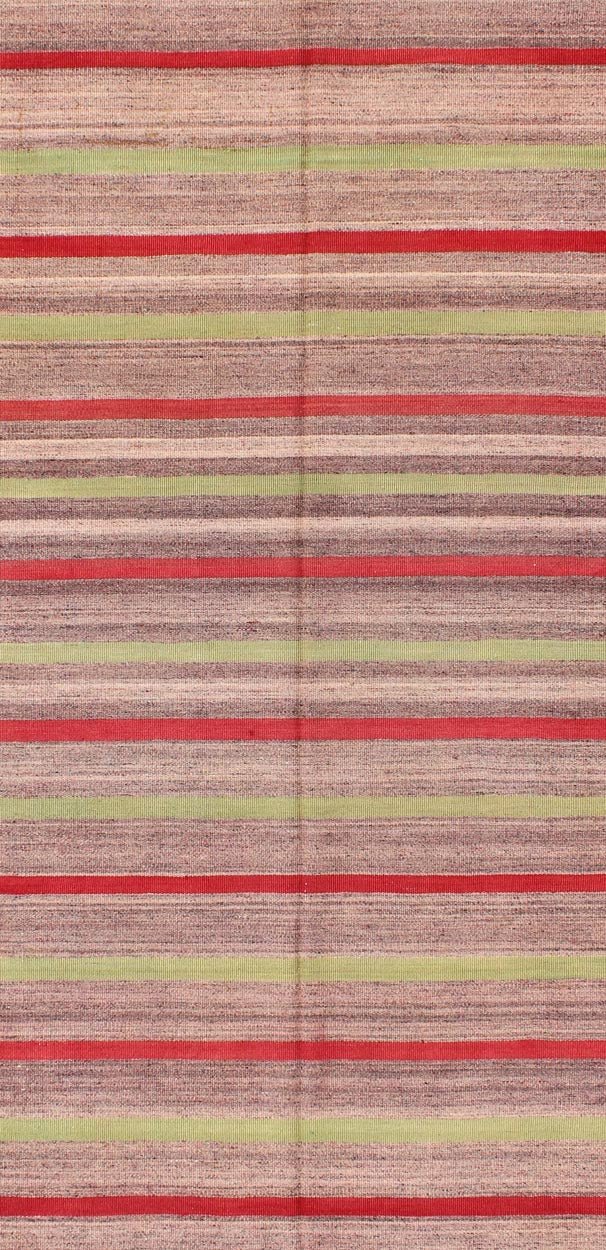 Vintage Turkish Striped Kilim Carpet with Light Green and Red Stripes Turkish Kilim Vintage Carpet in Red and Green Stripes rug/tu - ned - 37, origin/turkey This vintage Kilim carpet from Mid - Century Turkey features a stripe pattern set a... - Keivan Woven ArtsTU - NED - 37 - 3090Rug