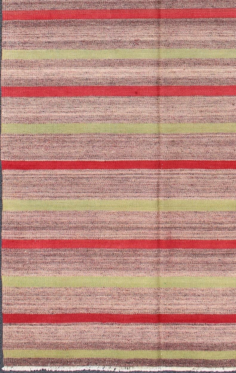 Vintage Turkish Striped Kilim Carpet with Light Green and Red Stripes Turkish Kilim Vintage Carpet in Red and Green Stripes rug/tu - ned - 37, origin/turkey This vintage Kilim carpet from Mid - Century Turkey features a stripe pattern set a... - Keivan Woven ArtsTU - NED - 37 - 3090Rug