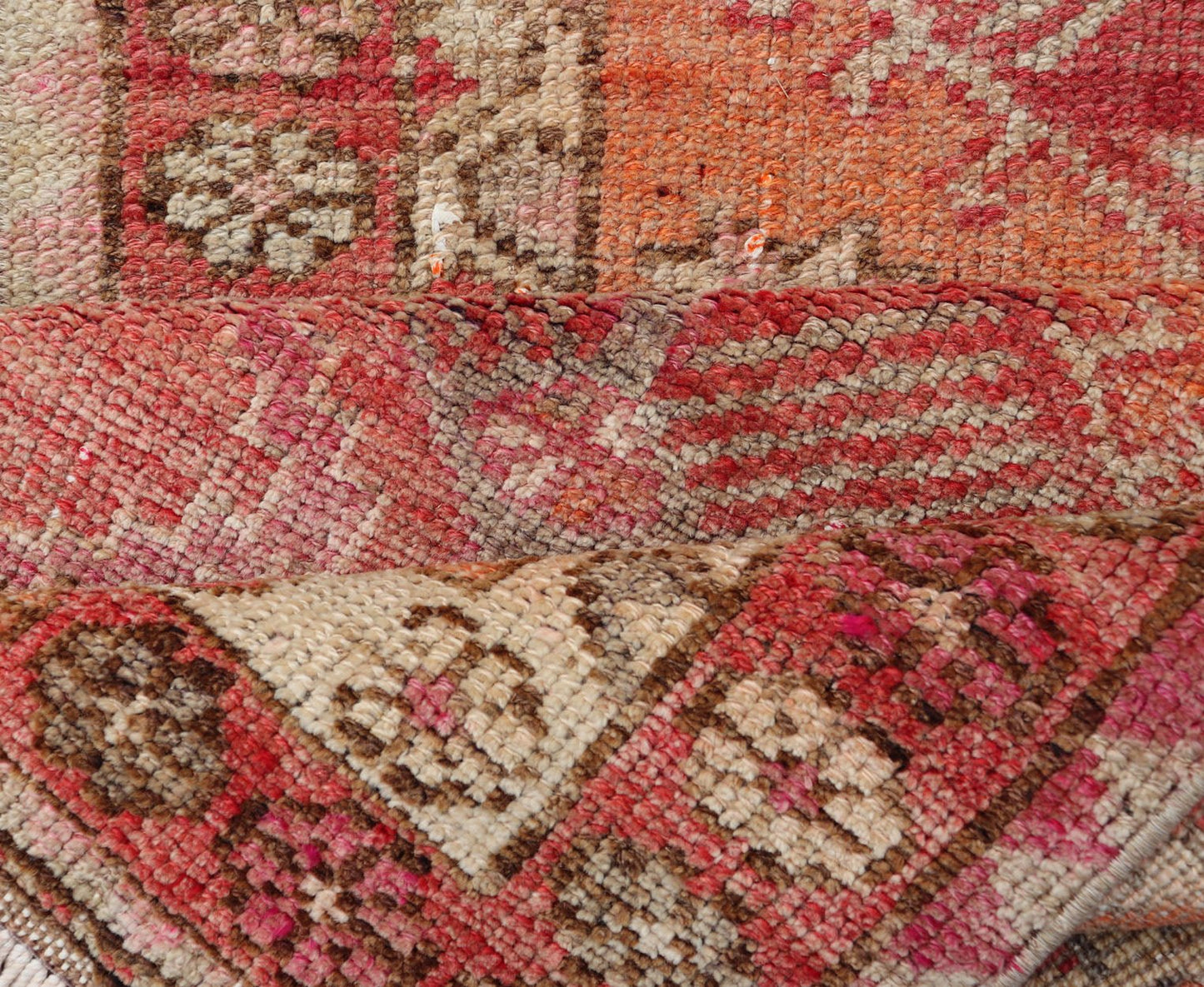 Measures: 2'10 x 14'7 Vintage Turkish Runner with Tribal Medallion Design in Variegated Red. Keivan Woven Arts / rug TU - NED - 4679, country of origin / type: Turkey / Oushak, circa 1940 This expansive runner from Turkey features a colorful pat... - Keivan Woven ArtsTU - NED - 4679 - 23060Rug
