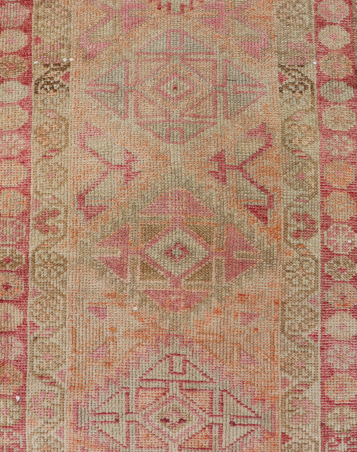 Measures: 2'8 x 14'0 Vintage Oushak Runner with Geometric Medallions in Soft Coral and Orange. Keivan Woven Arts / rug TU - NED - 4680, country of origin / type: Turkey / Oushak, circa 1960 This Oushak runner from Turkey features a creative design c... - Keivan Woven ArtsTU - NED - 4680 - 23066Rug