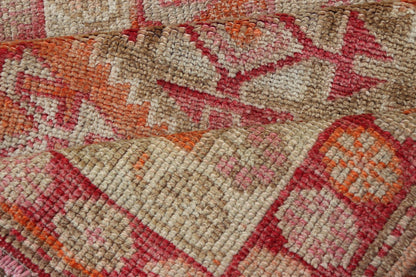 Measures: 2'8 x 14'0 Vintage Oushak Runner with Geometric Medallions in Soft Coral and Orange. Keivan Woven Arts / rug TU - NED - 4680, country of origin / type: Turkey / Oushak, circa 1960 This Oushak runner from Turkey features a creative design c... - Keivan Woven ArtsTU - NED - 4680 - 23066Rug
