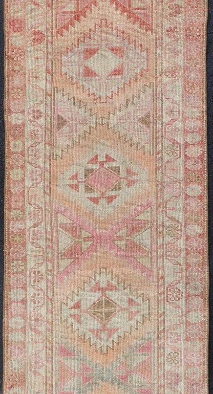 Measures: 2'11 x 12'0 Vintage Turkish Oushak Runner with Latch Hook Medallions in Soft Colors. Keivan Woven Arts / rug TU - NED - 4681, country of origin / type: Turkey / Oushak, circa 1950 This Oushak carpet runner from mid - 20th century Turkey ... - Keivan Woven ArtsTU - NED - 4681 - 22081Rug
