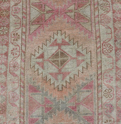 Measures: 2'11 x 12'0 Vintage Turkish Oushak Runner with Latch Hook Medallions in Soft Colors. Keivan Woven Arts / rug TU - NED - 4681, country of origin / type: Turkey / Oushak, circa 1950 This Oushak carpet runner from mid - 20th century Turkey ... - Keivan Woven ArtsTU - NED - 4681 - 22081Rug